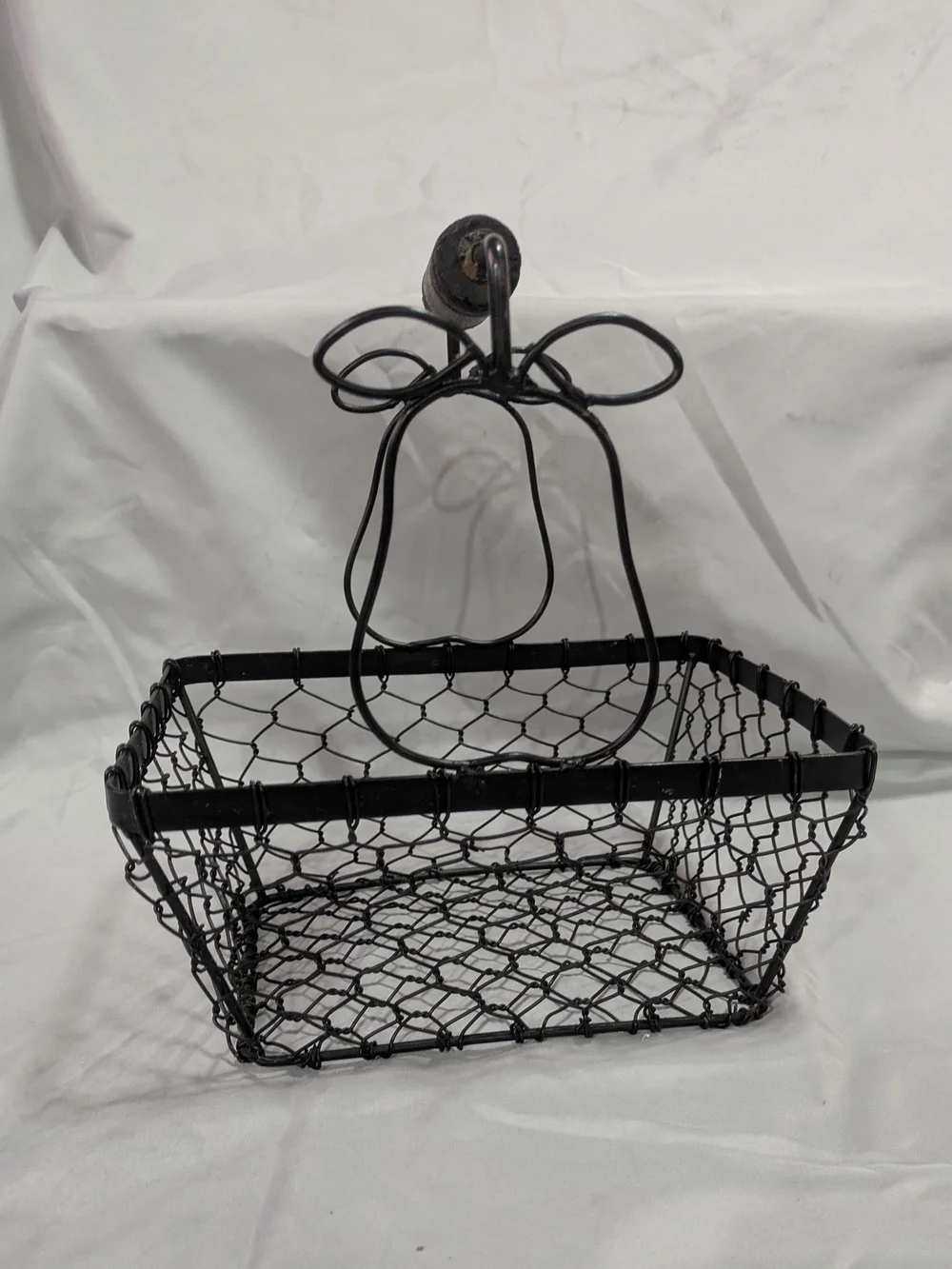 Vintage Farmhouse Wire Egg Basket with Wood Handle & Wire Pear Accents